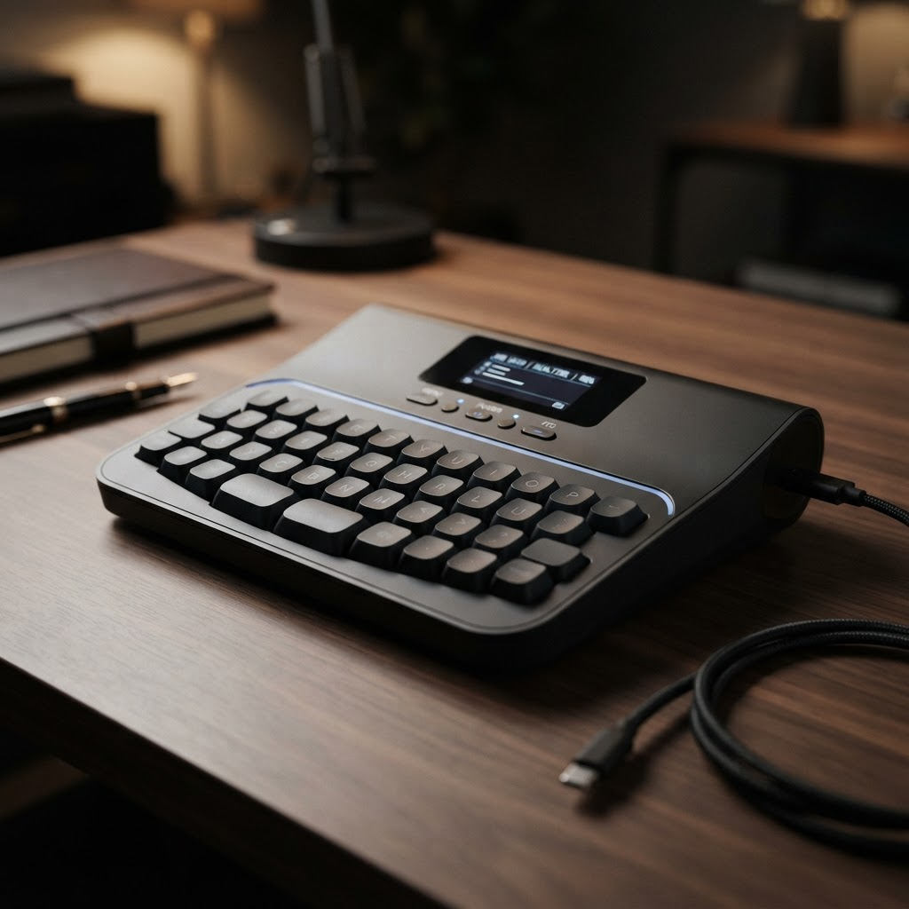 A modern stenography machine used for court reporting, shown in close detail
